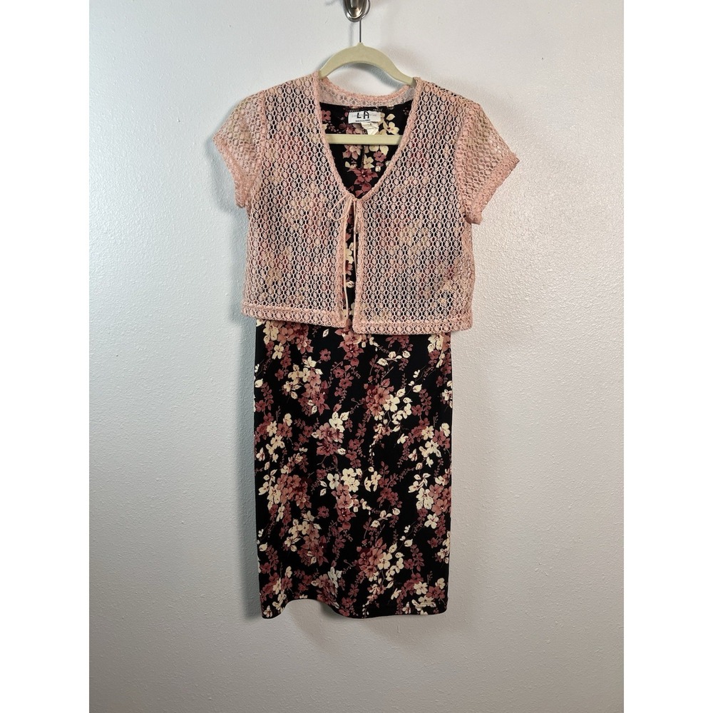 Los Angeles Gal Floral Dress and Pink Crochet Lace Shrug 2 Piece Set Black‎ Pink